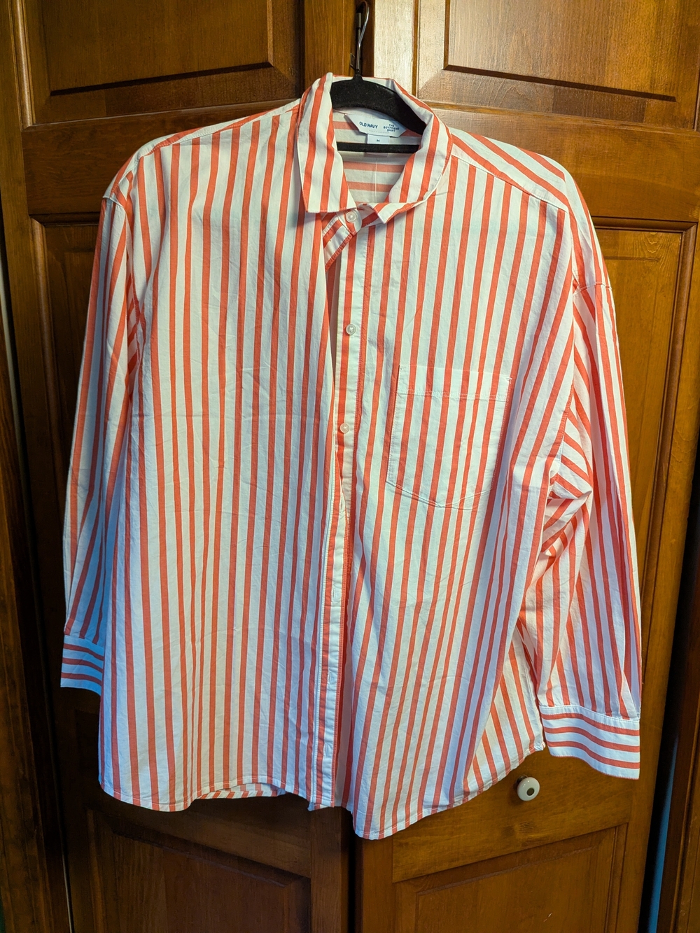 Old Navy The Boyfriend Shirt M Coral White Stripe 100% Cotton Oversized